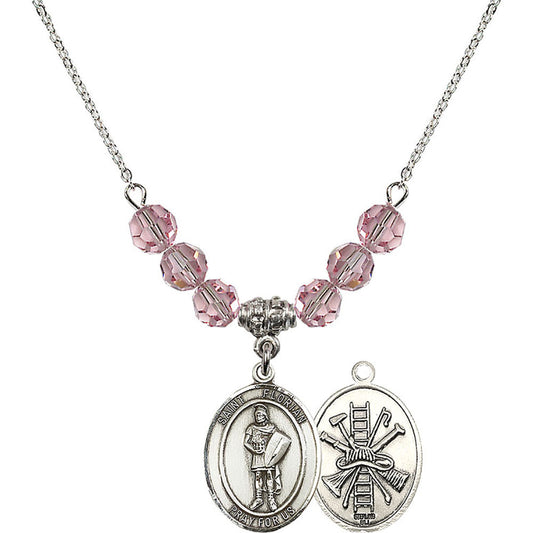 Sterling Silver Saint Florian/Firefighter Birthstone Necklace with Light Rose Beads - 8034