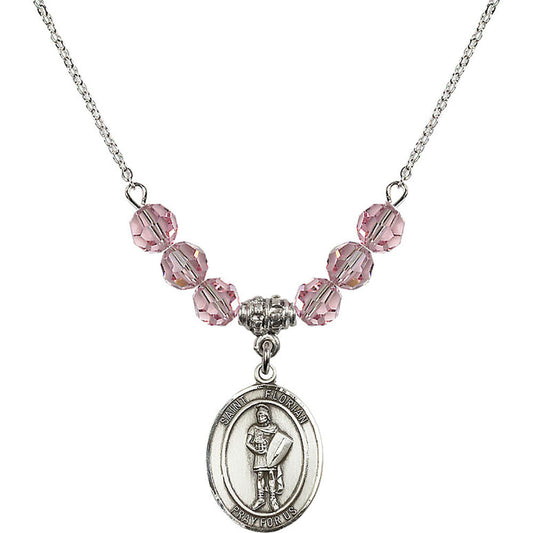 Sterling Silver Saint Florian Birthstone Necklace with Light Rose Beads - 8034