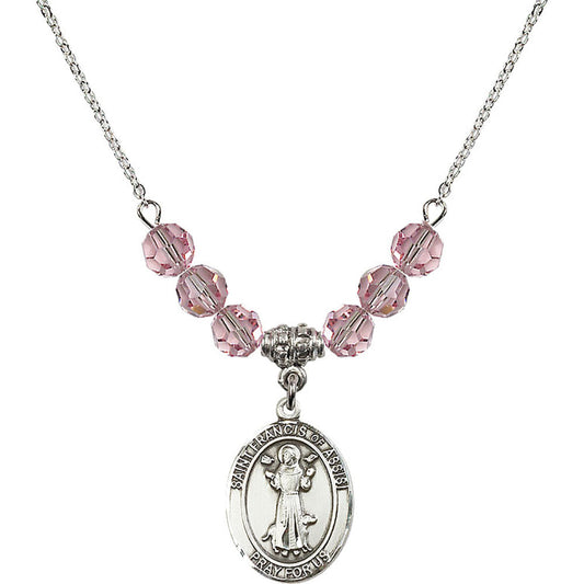 Sterling Silver Saint Francis of Assisi Birthstone Necklace with Light Rose Beads - 8036
