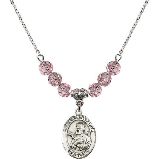 Sterling Silver Saint Francis Xavier Birthstone Necklace with Light Rose Beads - 8037