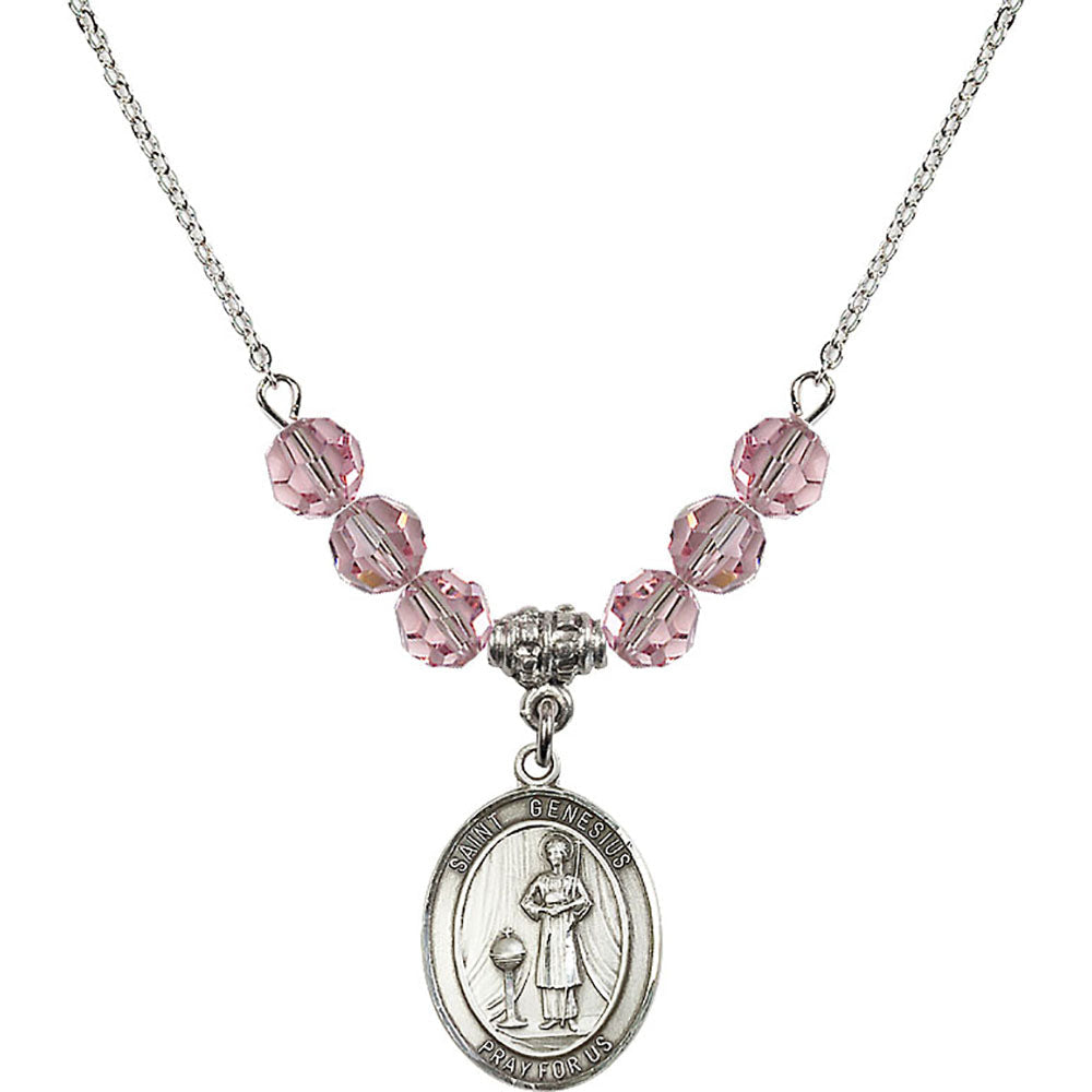 Sterling Silver Saint Genesius of Rome Birthstone Necklace with Light Rose Beads - 8038
