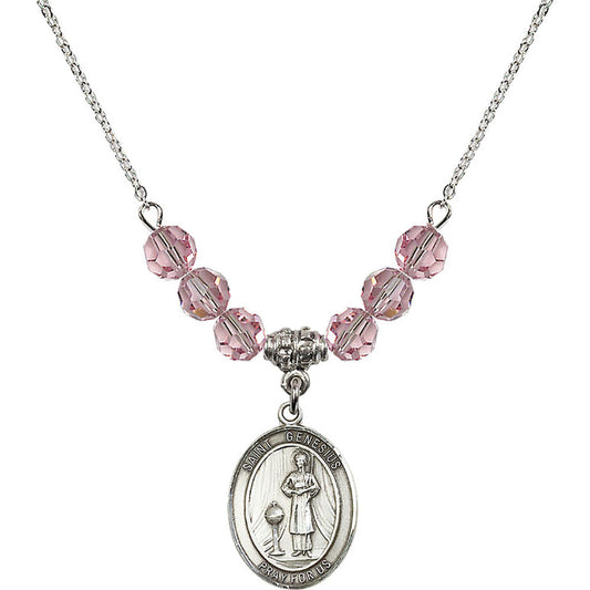 Sterling Silver Saint Genesius of Rome Birthstone Necklace with Light Rose Beads - 8038
