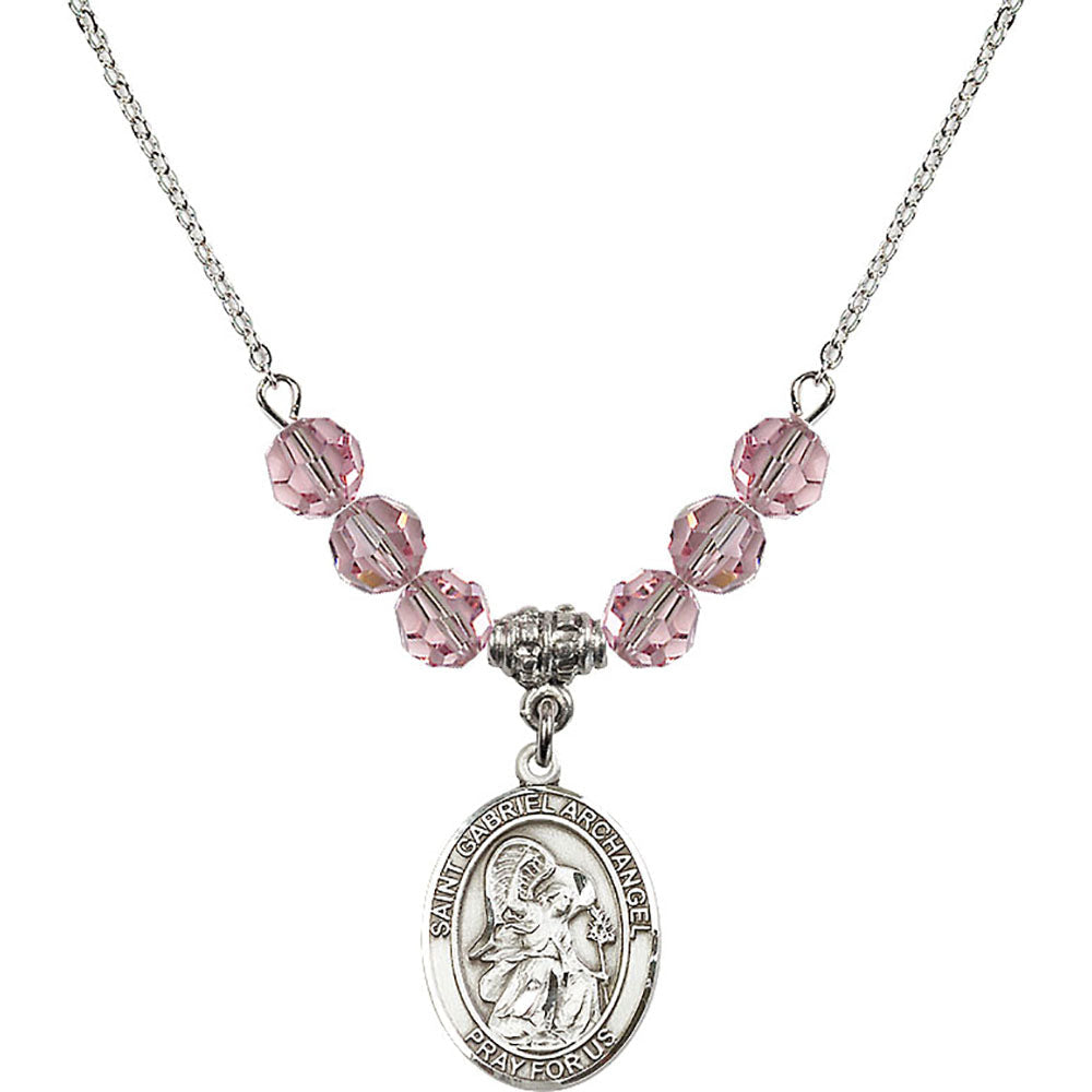 Sterling Silver Saint Gabriel the Archangel Birthstone Necklace with Light Rose Beads - 8039