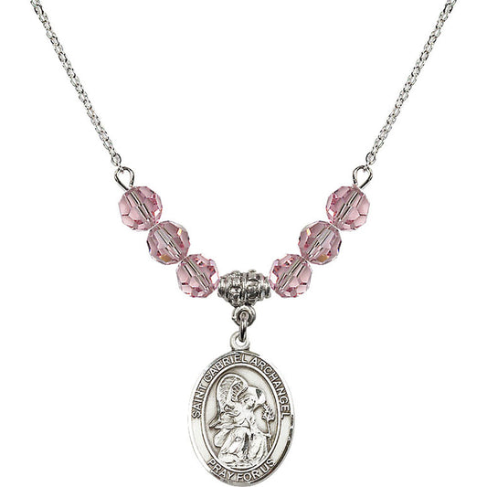 Sterling Silver Saint Gabriel the Archangel Birthstone Necklace with Light Rose Beads - 8039