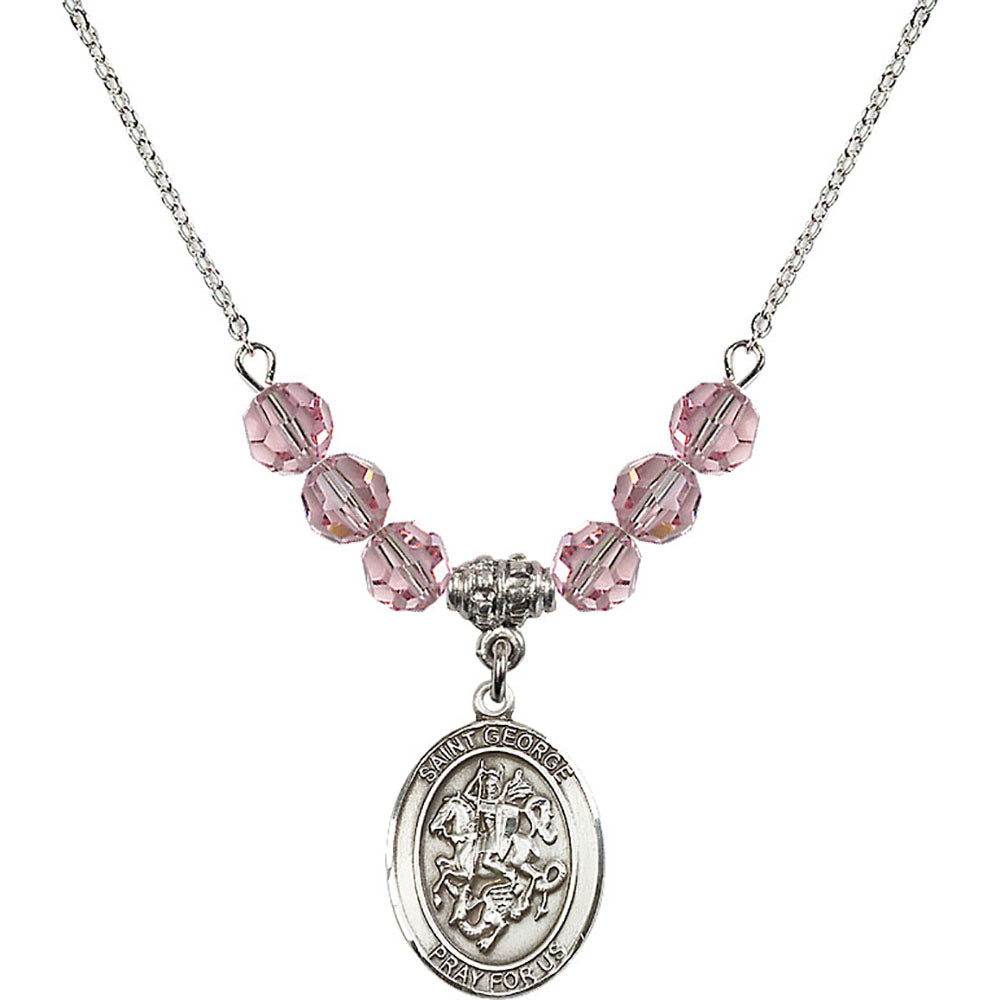 Sterling Silver Saint George Birthstone Necklace with Light Rose Beads - 8040
