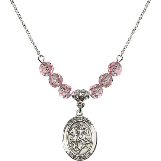 Sterling Silver Saint George Birthstone Necklace with Light Rose Beads - 8040