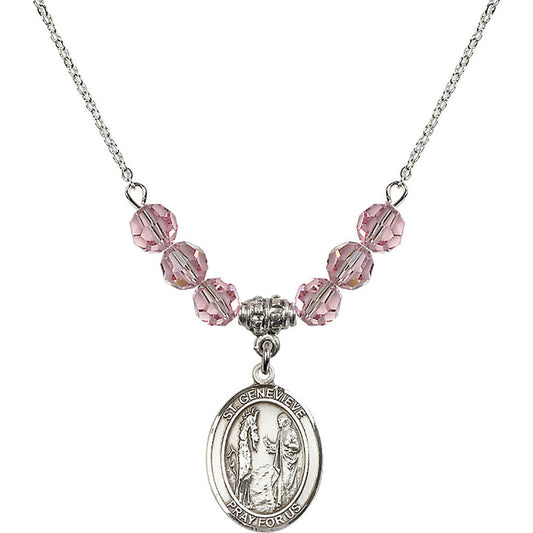 Sterling Silver Saint Genevieve Birthstone Necklace with Light Rose Beads - 8041