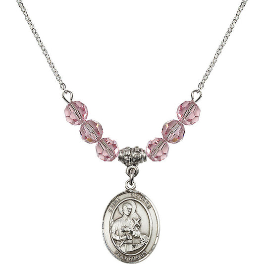 Sterling Silver Saint Gerard Majella Birthstone Necklace with Light Rose Beads - 8042