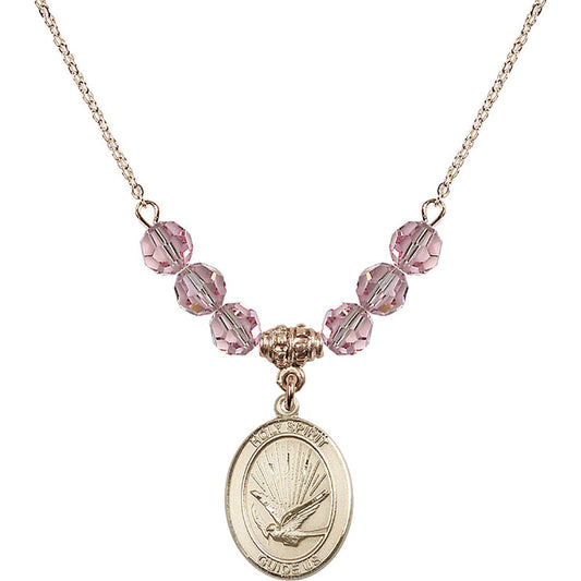 14kt Gold Filled Holy Spirit Birthstone Necklace with Light Rose Beads - 8044