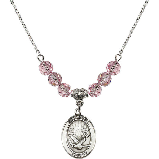 Sterling Silver Holy Spirit Birthstone Necklace with Light Rose Beads - 8044