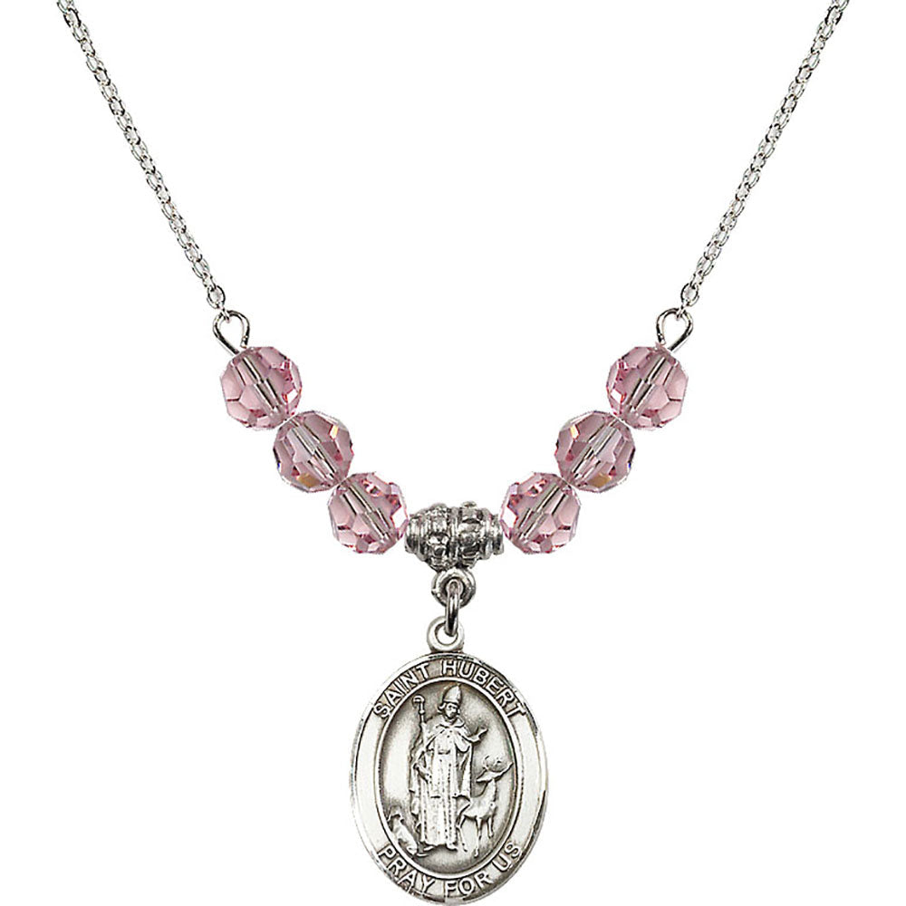 Sterling Silver Saint Hubert of Liege Birthstone Necklace with Light Rose Beads - 8045