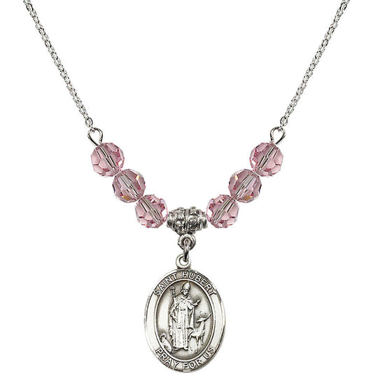 Sterling Silver Saint Hubert of Liege Birthstone Necklace with Light Rose Beads - 8045