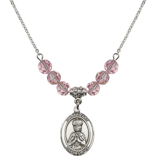 Sterling Silver Saint Henry II Birthstone Necklace with Light Rose Beads - 8046
