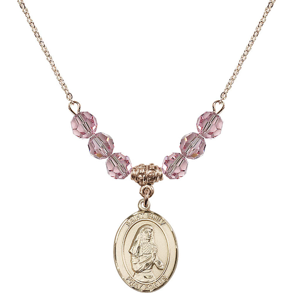 14kt Gold Filled Saint Emily de Vialar Birthstone Necklace with Light Rose Beads - 8047