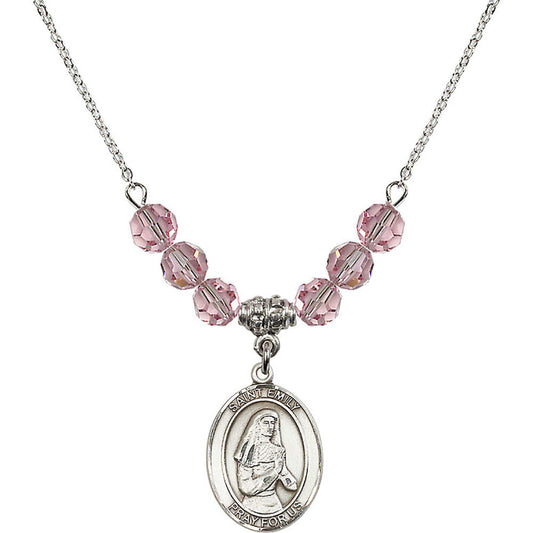 Sterling Silver Saint Emily de Vialar Birthstone Necklace with Light Rose Beads - 8047