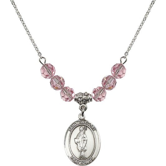 Sterling Silver Saint Gregory the Great Birthstone Necklace with Light Rose Beads - 8048