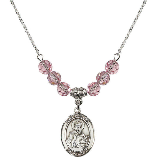 Sterling Silver Saint Isidore of Seville Birthstone Necklace with Light Rose Beads - 8049