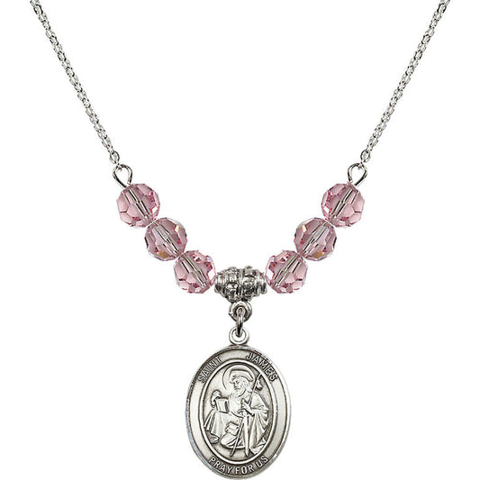 Sterling Silver Saint James the Greater Birthstone Necklace with Light Rose Beads - 8050