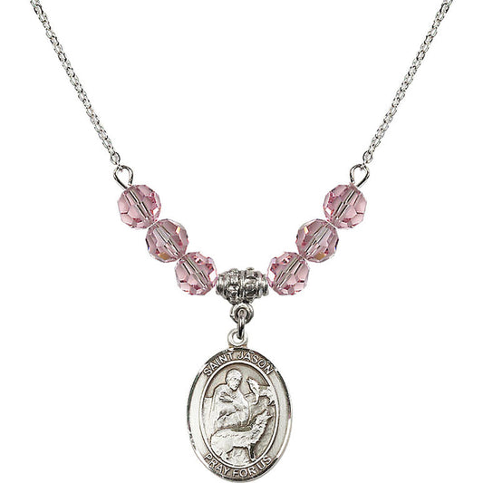 Sterling Silver Saint Jason Birthstone Necklace with Light Rose Beads - 8051