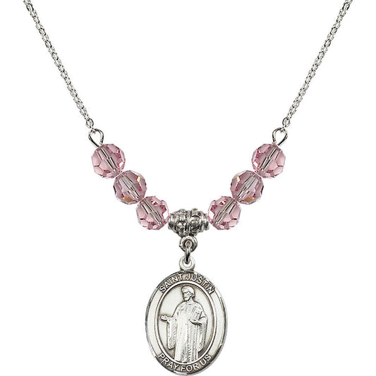 Sterling Silver Saint Justin Birthstone Necklace with Light Rose Beads - 8052