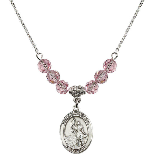 Sterling Silver Saint Joan of Arc Birthstone Necklace with Light Rose Beads - 8053