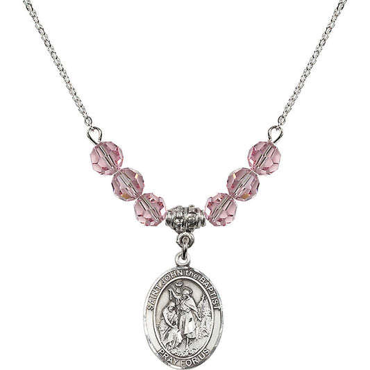 Sterling Silver Saint John the Baptist Birthstone Necklace with Light Rose Beads - 8054