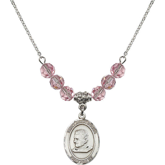 Sterling Silver Saint John Bosco Birthstone Necklace with Light Rose Beads - 8055