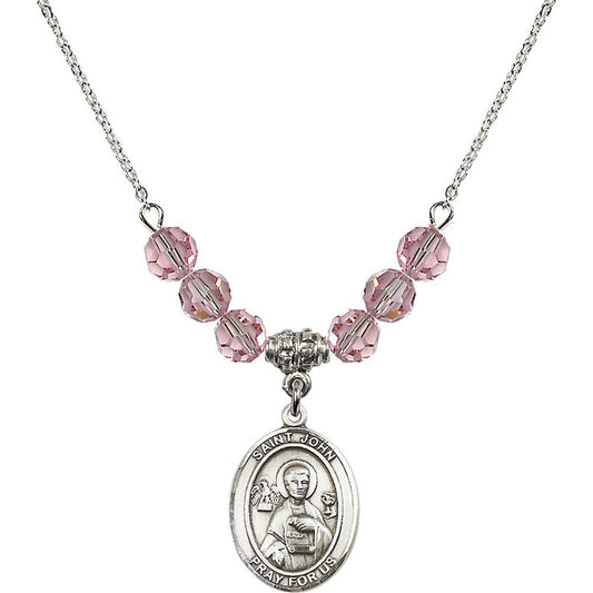 Sterling Silver Saint John the Apostle Birthstone Necklace with Light Rose Beads - 8056