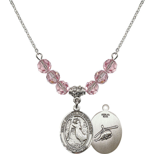 Sterling Silver Saint Joseph of Cupertino/Helecopter Birthstone Necklace with Light Rose Beads - 8057