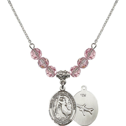 Sterling Silver Saint Joseph of Cupertino Birthstone Necklace with Light Rose Beads - 8057