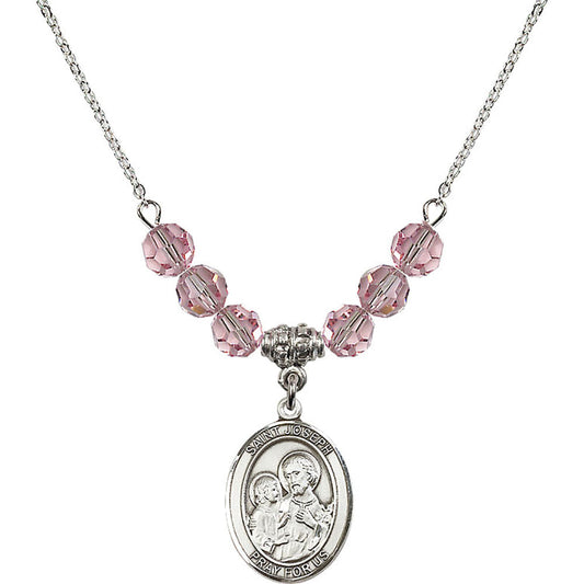 Sterling Silver Saint Joseph Birthstone Necklace with Light Rose Beads - 8058