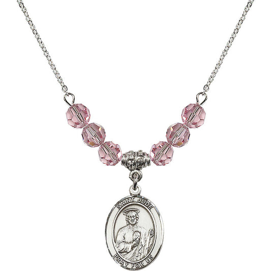 Sterling Silver Saint Jude Thaddeus Birthstone Necklace with Light Rose Beads - 8060