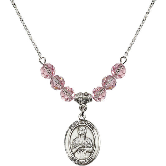 Sterling Silver Saint Kateri Tekakwitha Birthstone Necklace with Light Rose Beads - 8061