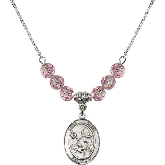 Sterling Silver Saint Kevin Birthstone Necklace with Light Rose Beads - 8062