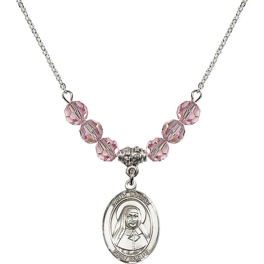 Sterling Silver Saint Louise de Marillac Birthstone Necklace with Light Rose Beads - 8064