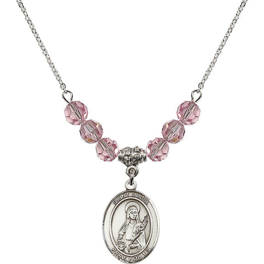 Sterling Silver Saint Lucia of Syracuse Birthstone Necklace with Light Rose Beads - 8065