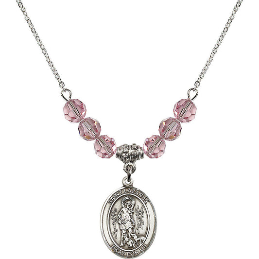Sterling Silver Saint Lazarus Birthstone Necklace with Light Rose Beads - 8066