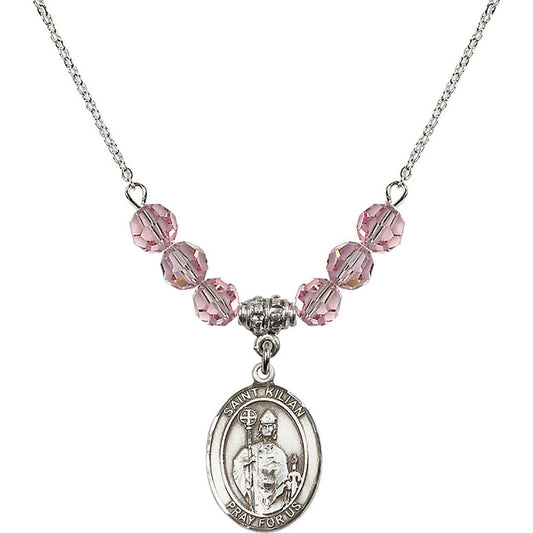 Sterling Silver Saint Kilian Birthstone Necklace with Light Rose Beads - 8067
