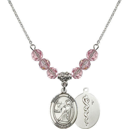 Sterling Silver Saint Luke the Apostle / Doctor Birthstone Necklace with Light Rose Beads - 8068