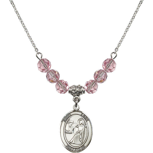Sterling Silver Saint Luke the Apostle Birthstone Necklace with Light Rose Beads - 8068