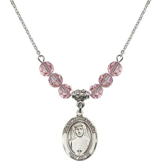 Sterling Silver Saint Maria Faustina Birthstone Necklace with Light Rose Beads - 8069