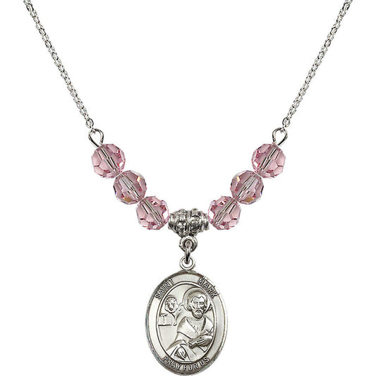 Sterling Silver Saint Mark the Evangelist Birthstone Necklace with Light Rose Beads - 8070