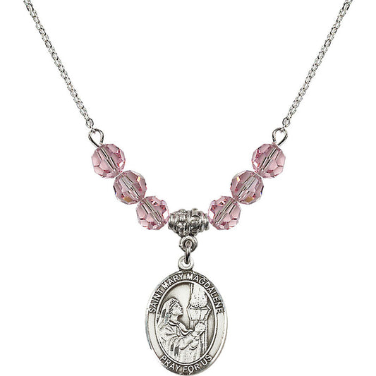 Sterling Silver Saint Mary Magdalene Birthstone Necklace with Light Rose Beads - 8071