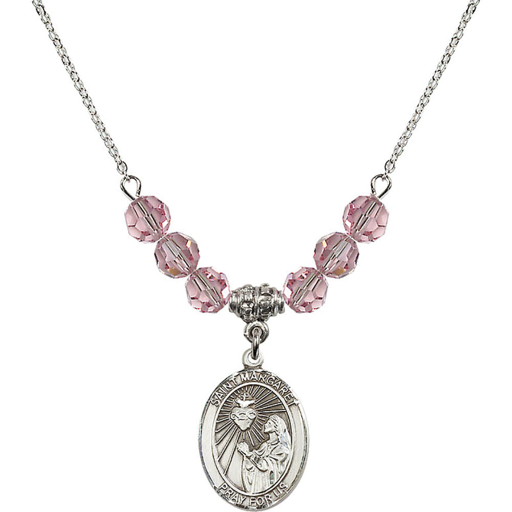 Sterling Silver Saint Margaret Mary Alacoque Birthstone Necklace with Light Rose Beads - 8072