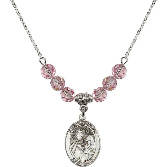 Sterling Silver Saint Margaret Mary Alacoque Birthstone Necklace with Light Rose Beads - 8072