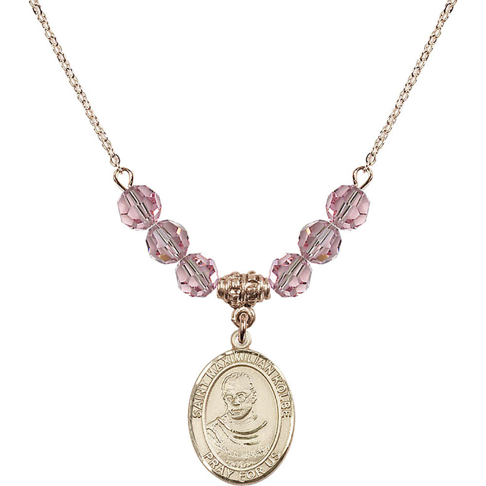 14kt Gold Filled Saint Maximilian Kolbe Birthstone Necklace with Light Rose Beads - 8073