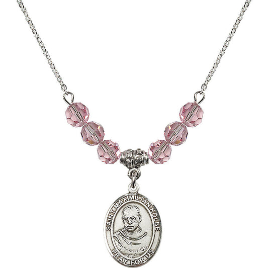 Sterling Silver Saint Maximilian Kolbe Birthstone Necklace with Light Rose Beads - 8073