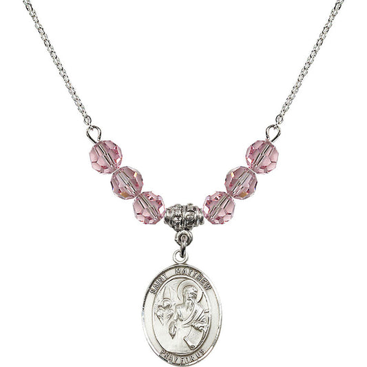Sterling Silver Saint Matthew the Apostle Birthstone Necklace with Light Rose Beads - 8074