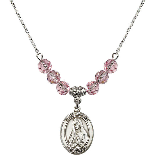 Sterling Silver Saint Martha Birthstone Necklace with Light Rose Beads - 8075