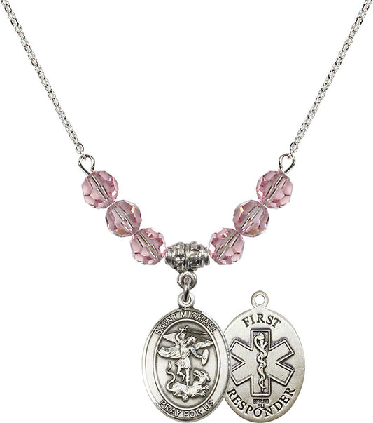 Sterling Silver Saint Michael/1St Responder Birthstone Necklace with Light Rose Beads - 8076